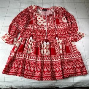 Eloquii Dress Womens 14 Red Floral Peasant Long Sleeve Tier Tassel Boho Bohemian